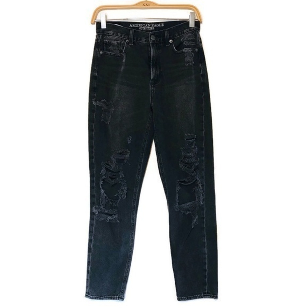 American Eagle Outfitters Washed Black Distressed Mom Jeans Women’s Size 2 26